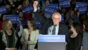 Bernie Sanders celebrates a sort-of win/tie in Iowa.